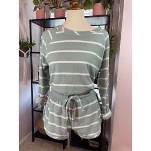 Striped Terrycloth Long Sleeve Top And Shorts Set